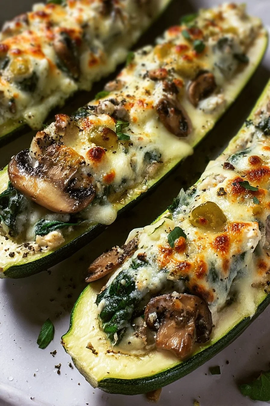 Delicious spinach, mushroom, and ricotta stuffed zucchini on a plate
