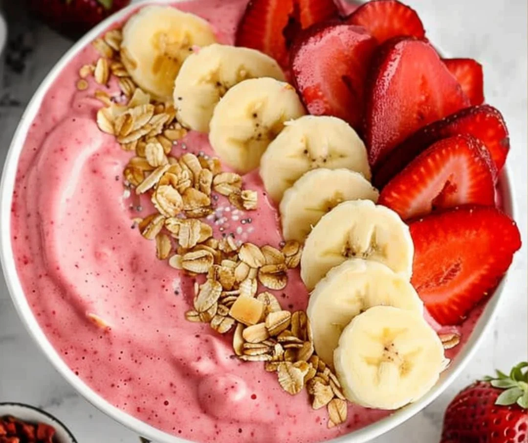 Delicious strawberry banana smoothie bowl topped with fresh fruits and seeds