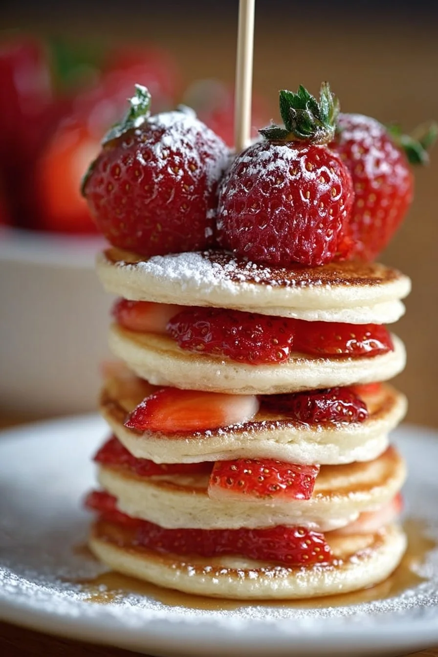 Stack of fluffy strawberry pancakes with fresh strawberries on top