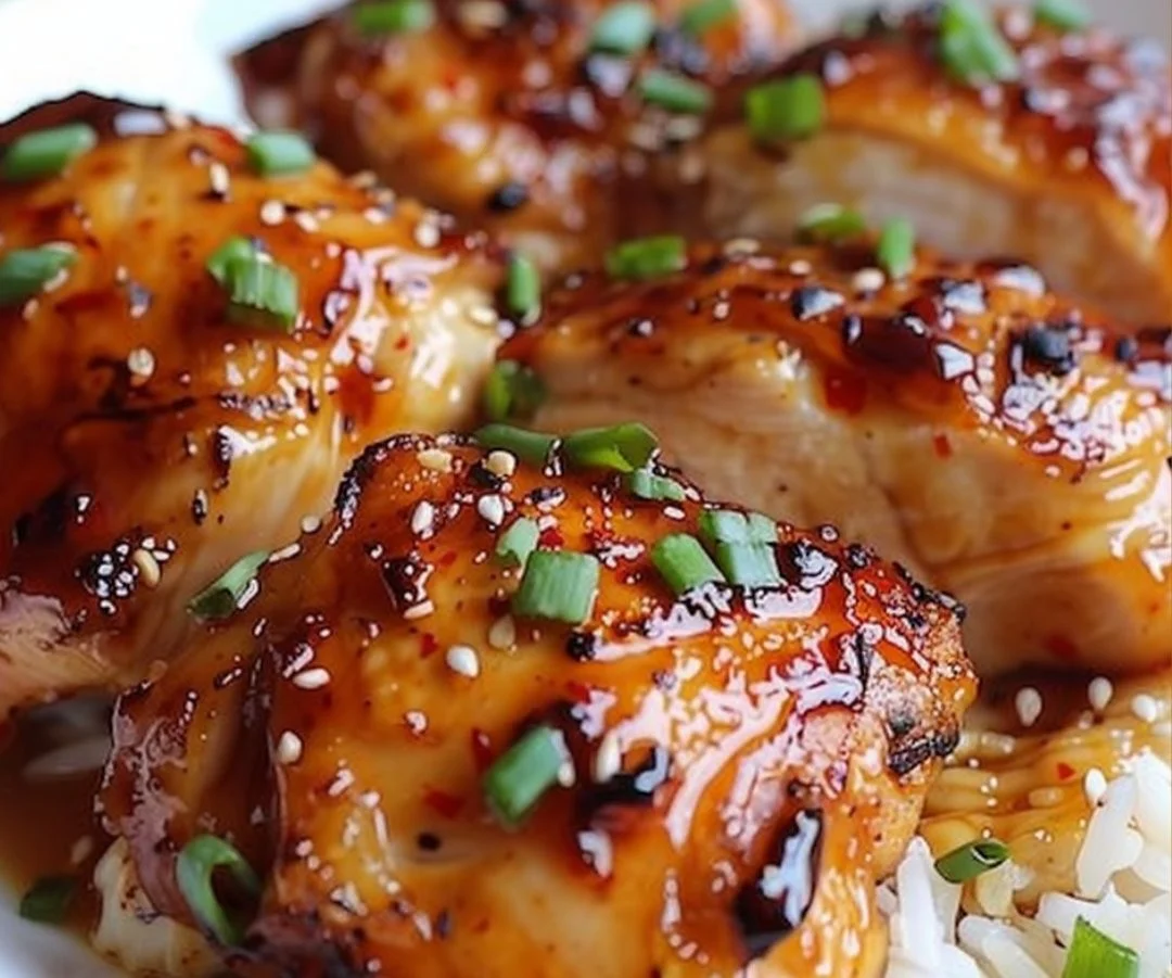 Plate of sweet and spicy sticky chicken garnished with sesame seeds and green onions
