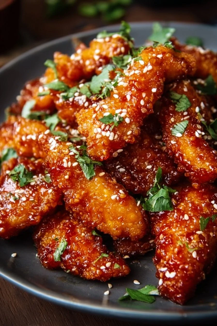 Delicious Honey Sriracha Chicken tenders served with dipping sauce