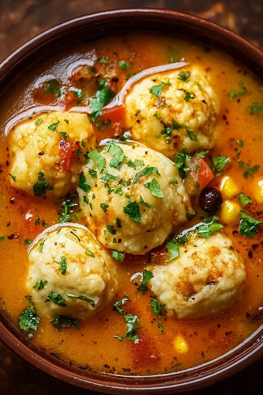 Bowl of tamale soup with tamale dumplings garnished with cilantro and jalapenos