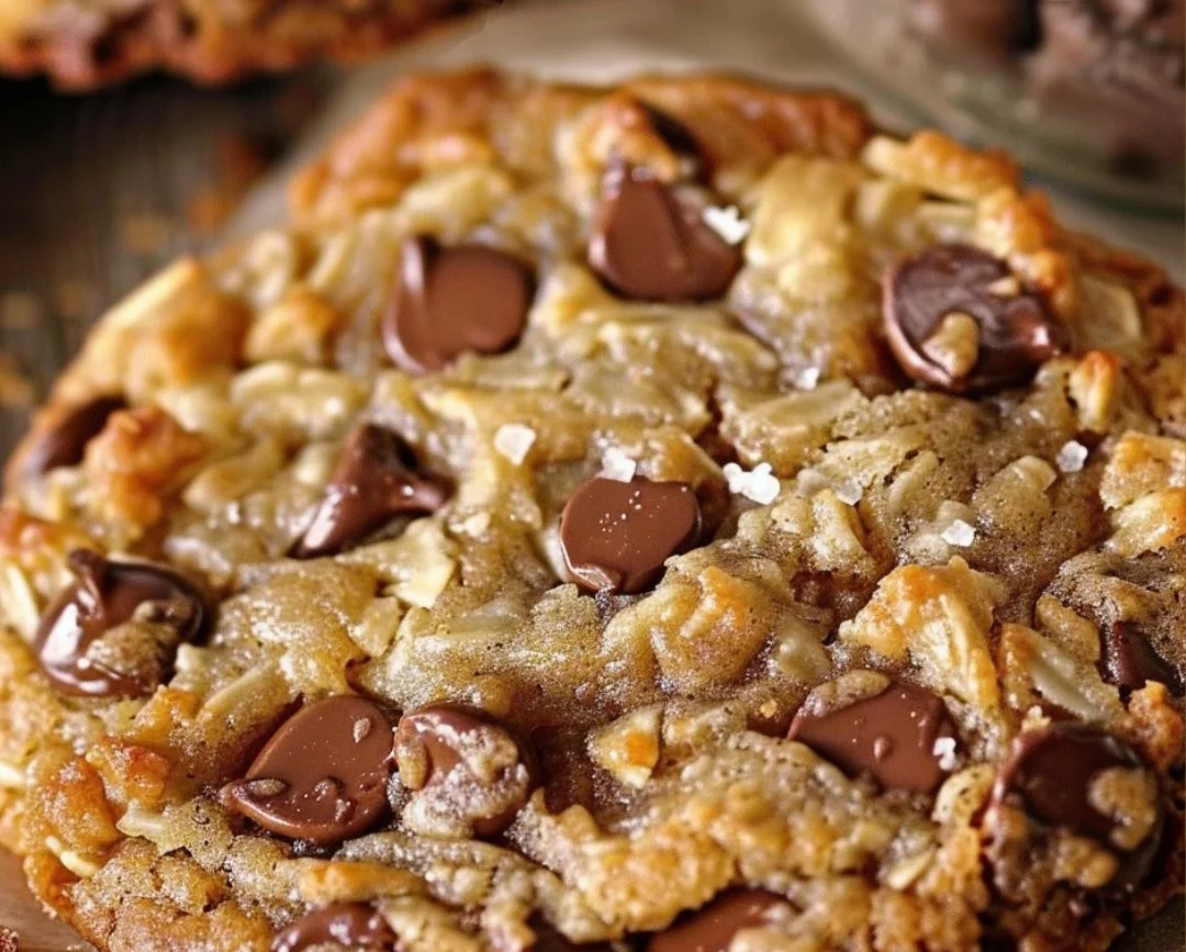 Delicious homemade cowboy cookies with oats, chocolate chips, and nuts.