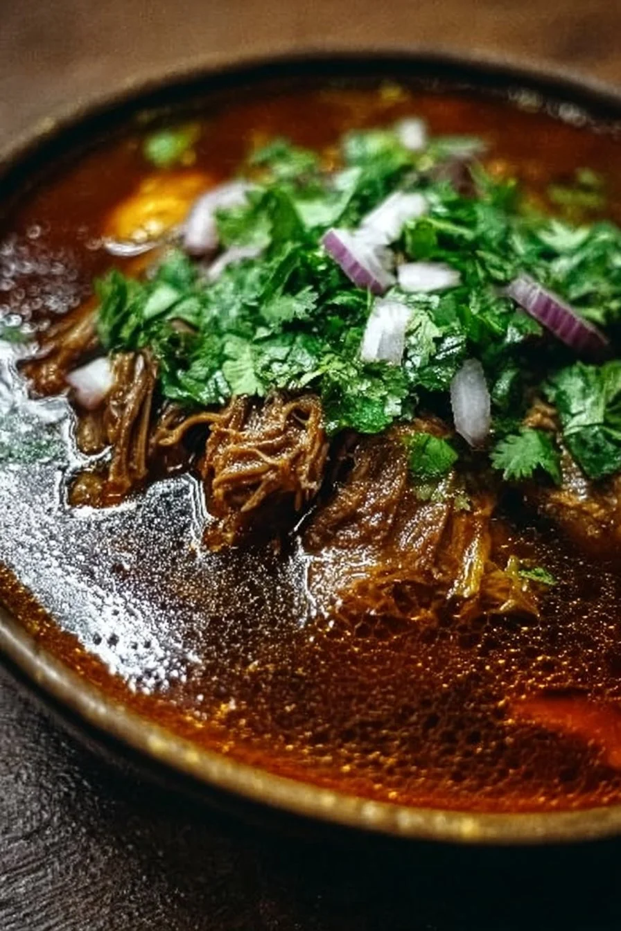 Delicious traditional Mexican birria served with fresh tortillas and garnishes.