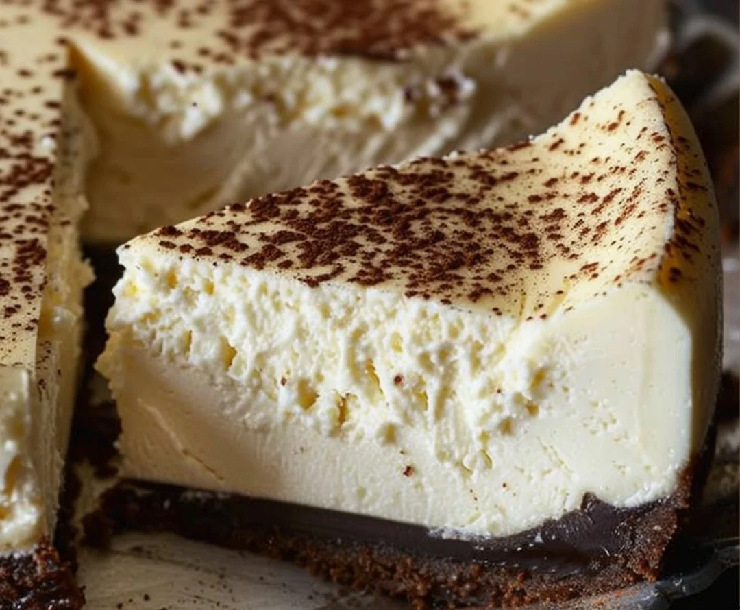 Slice of vanilla bean brown butter cheesecake with caramel drizzle