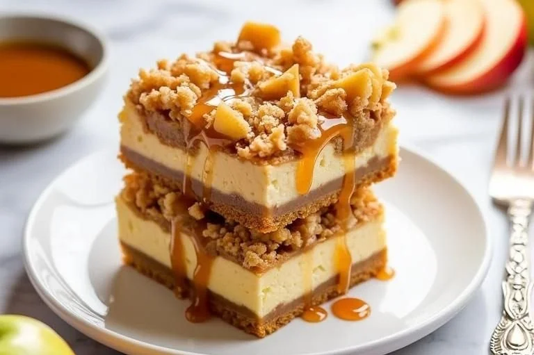 Delicious apple cheesecake bars topped with fresh apple slices and caramel drizzle