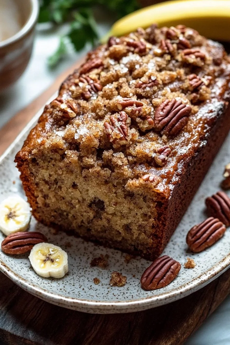 Slice of brown butter banana bread with crunchy pecan streusel topping