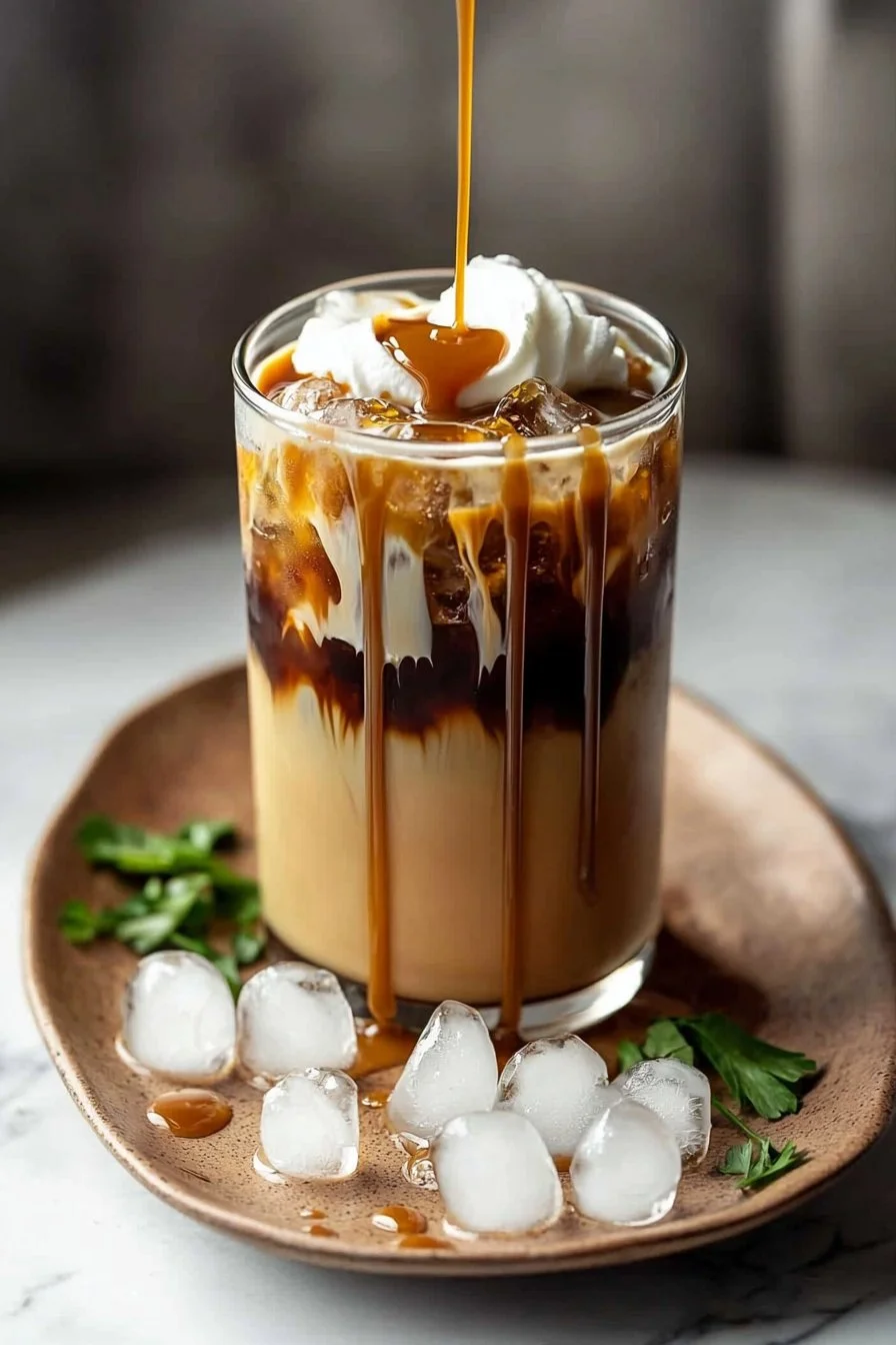 Delicious Caramel Iced Coffee in a glass with ice and caramel drizzle
