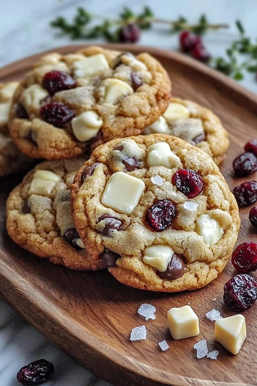 Delicious chewy white chocolate cranberry cookies on a baking sheet.