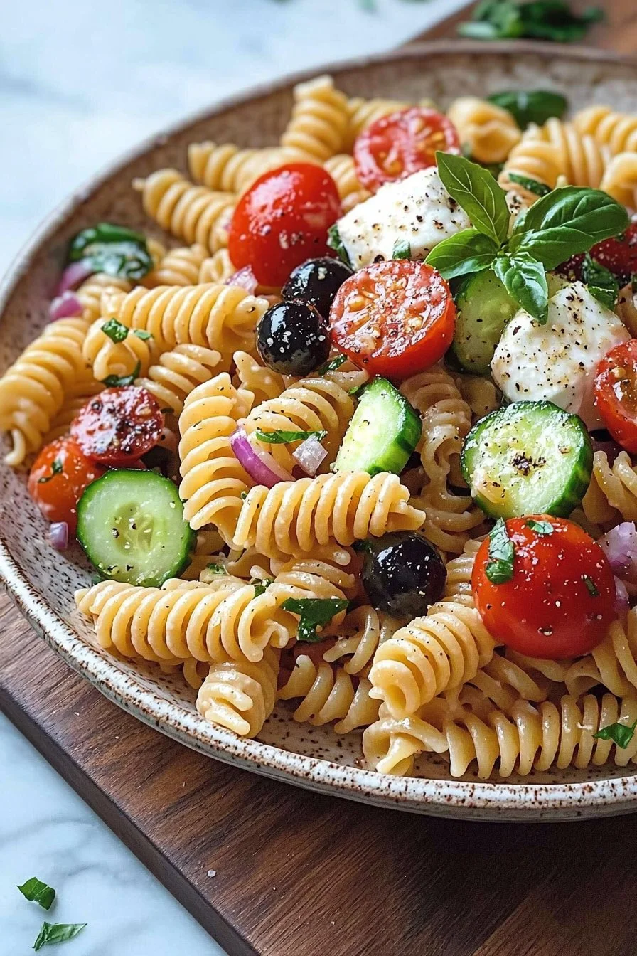 Classic Italian Pasta Salad with fresh vegetables and dressing
