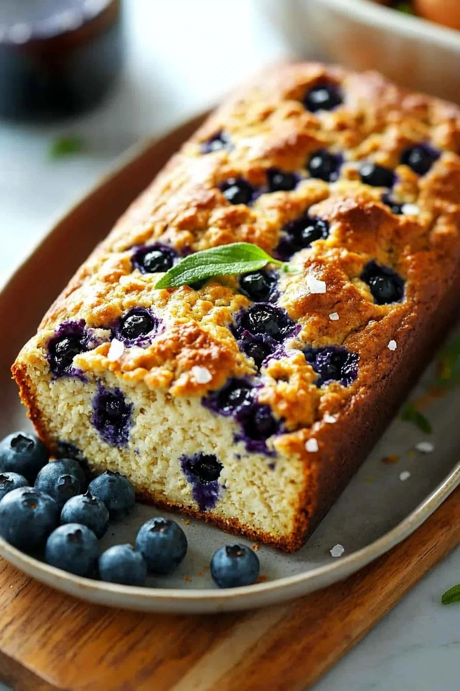 Freshly baked cottage cheese blueberry bread on a wooden table