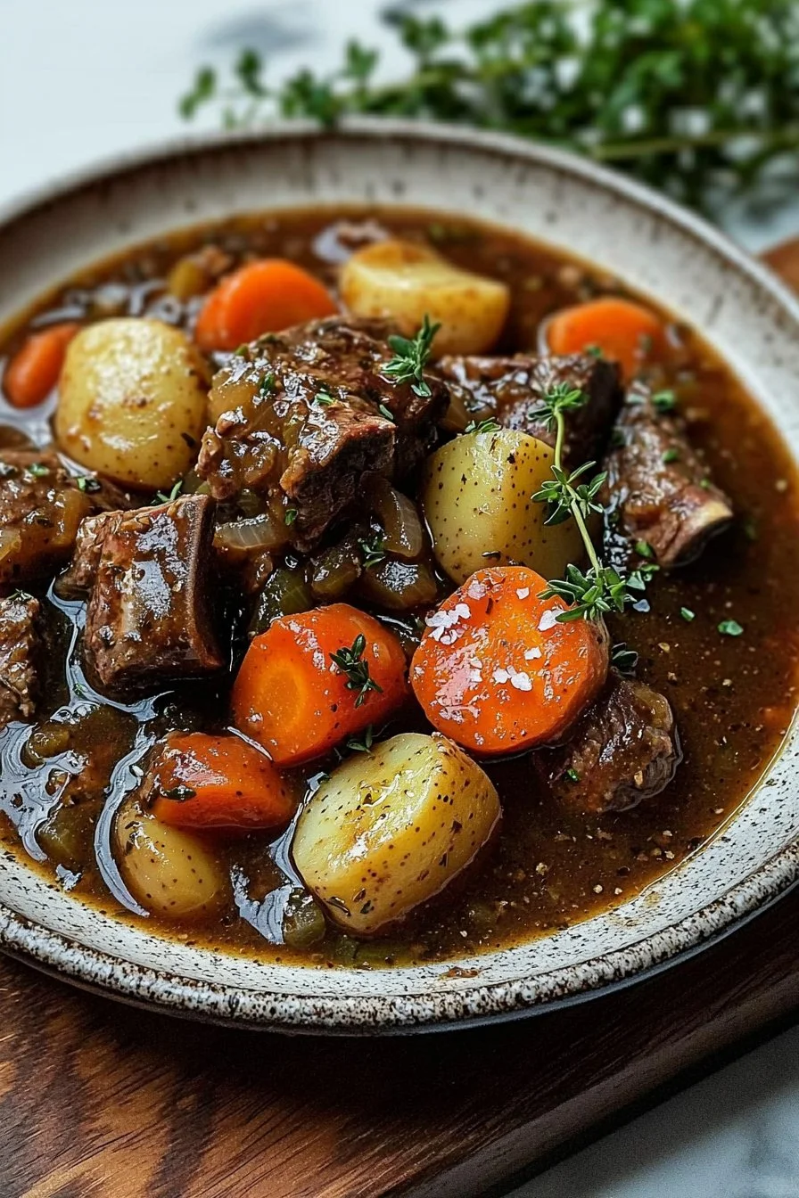 Cozy Crockpot Irish Lamb Stew served in a rustic bowl