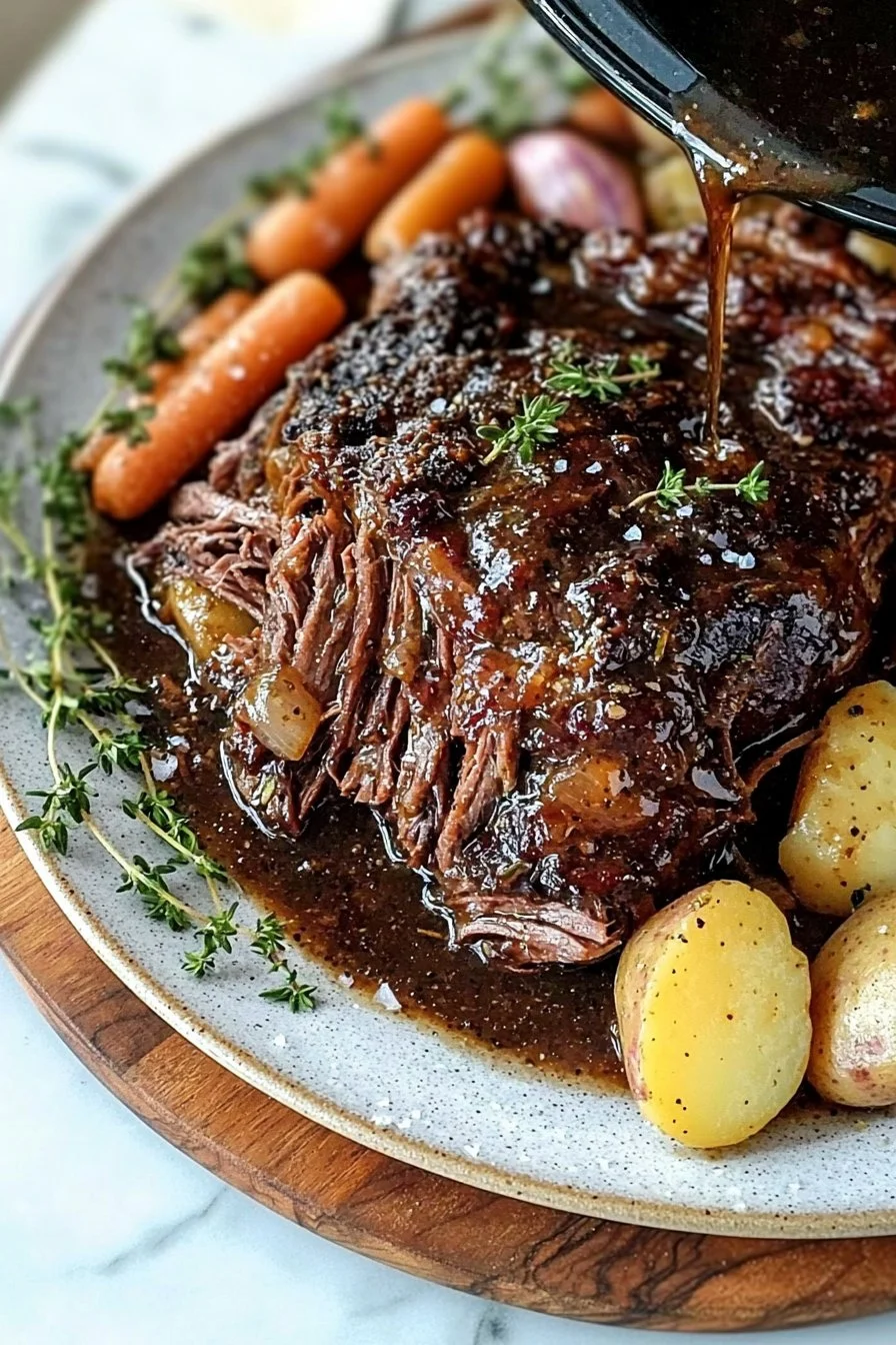 Delicious cozy crockpot pot roast served with vegetables