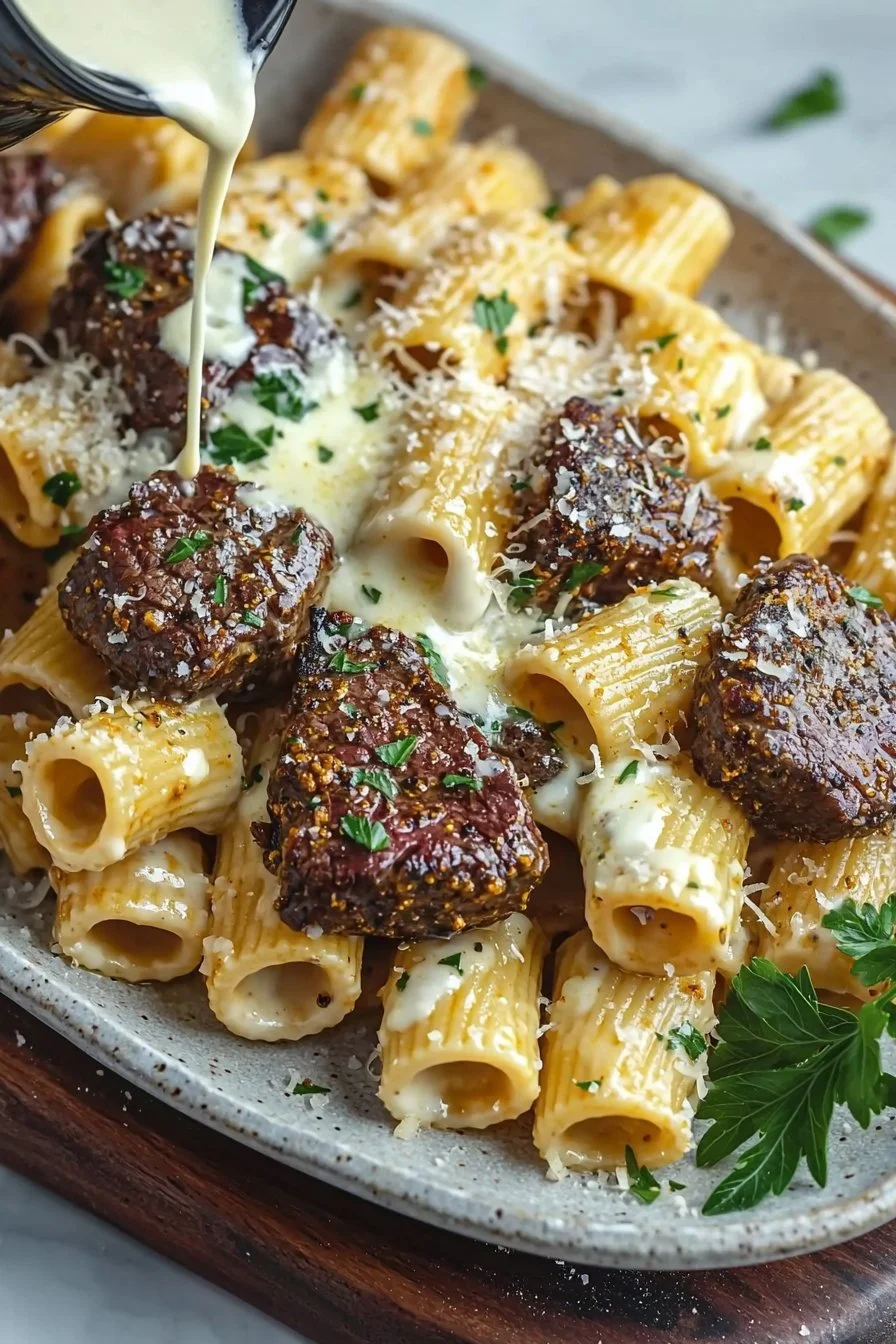 Creamy Cajun steak tips with rigatoni parmesan dish on a plate.