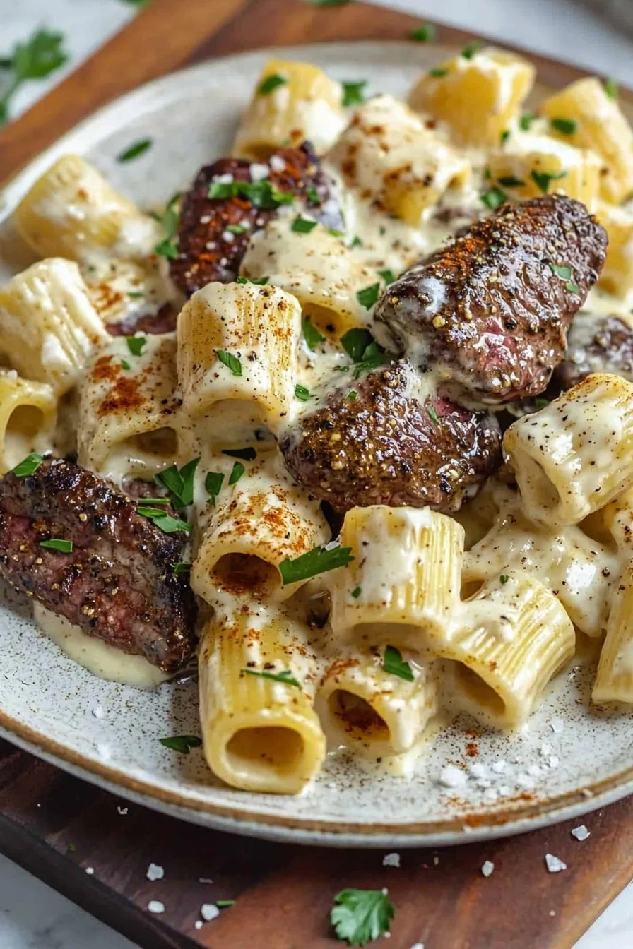 Creamy Cajun steak tips served with cheesy rigatoni parmesan