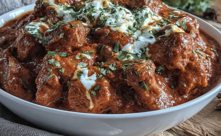 Bowl of creamy Crockpot Chicken Tikka Masala garnished with cilantro