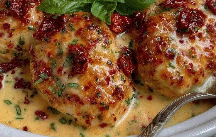 Creamy Crockpot Marry Me Chicken served in a bowl with herbs and spices