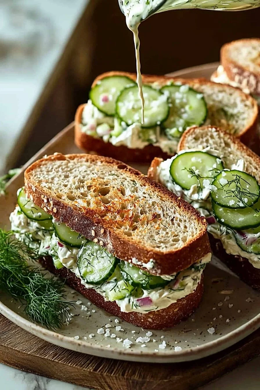 Creamy cucumber salad sandwich with fresh ingredients and herbs