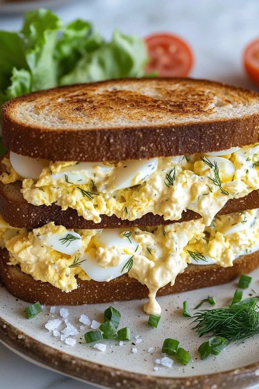 Creamy egg salad sandwich made with fresh ingredients