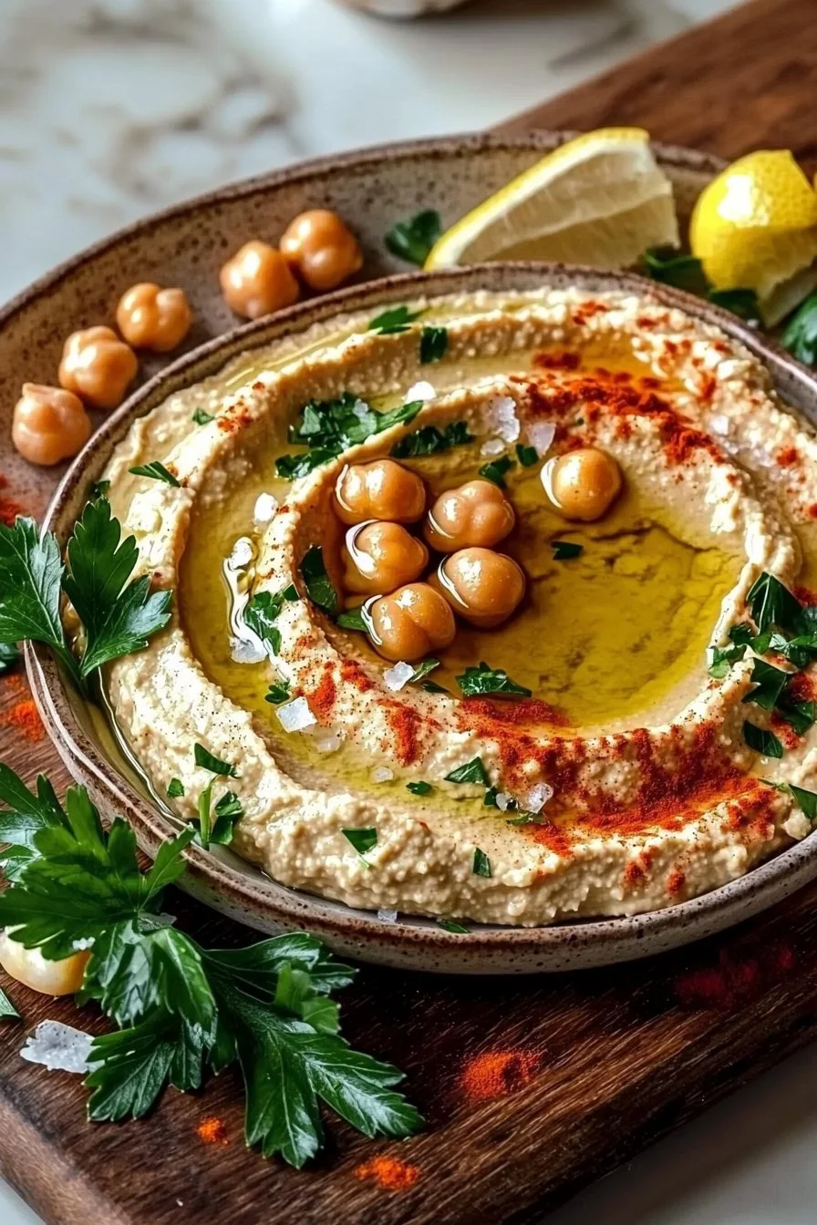 A bowl of creamy homemade hummus served with fresh vegetables and pita bread.