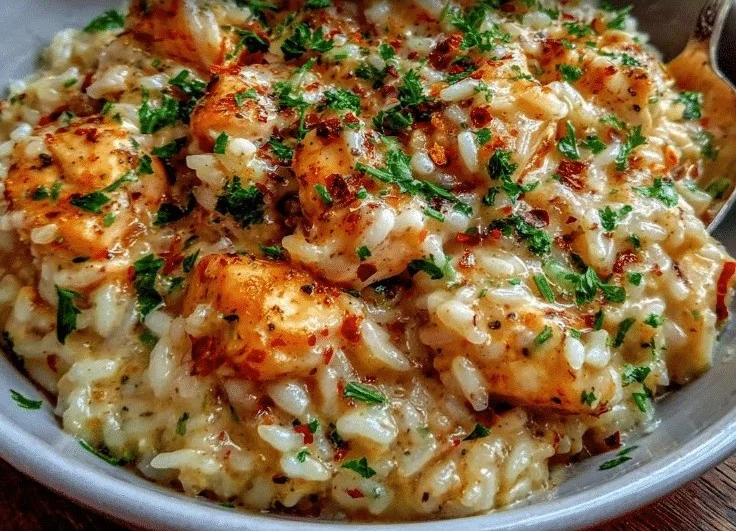 Creamy Instant Pot chicken and rice dish served in a bowl