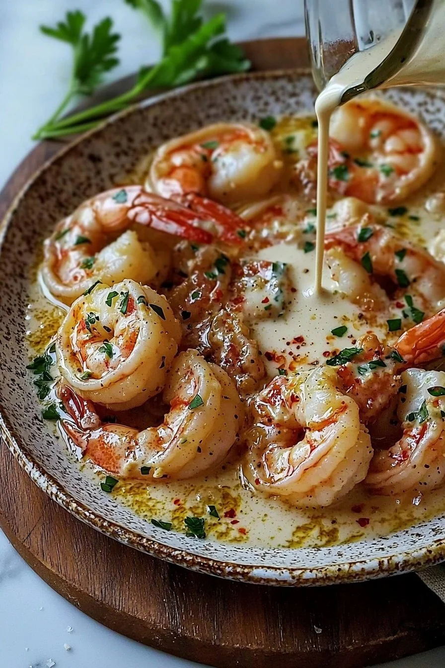 Plate of creamy Marry Me Shrimp garnished with herbs.