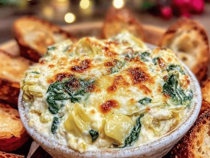 Creamy slow cooker spinach artichoke dip served in a bowl with chips