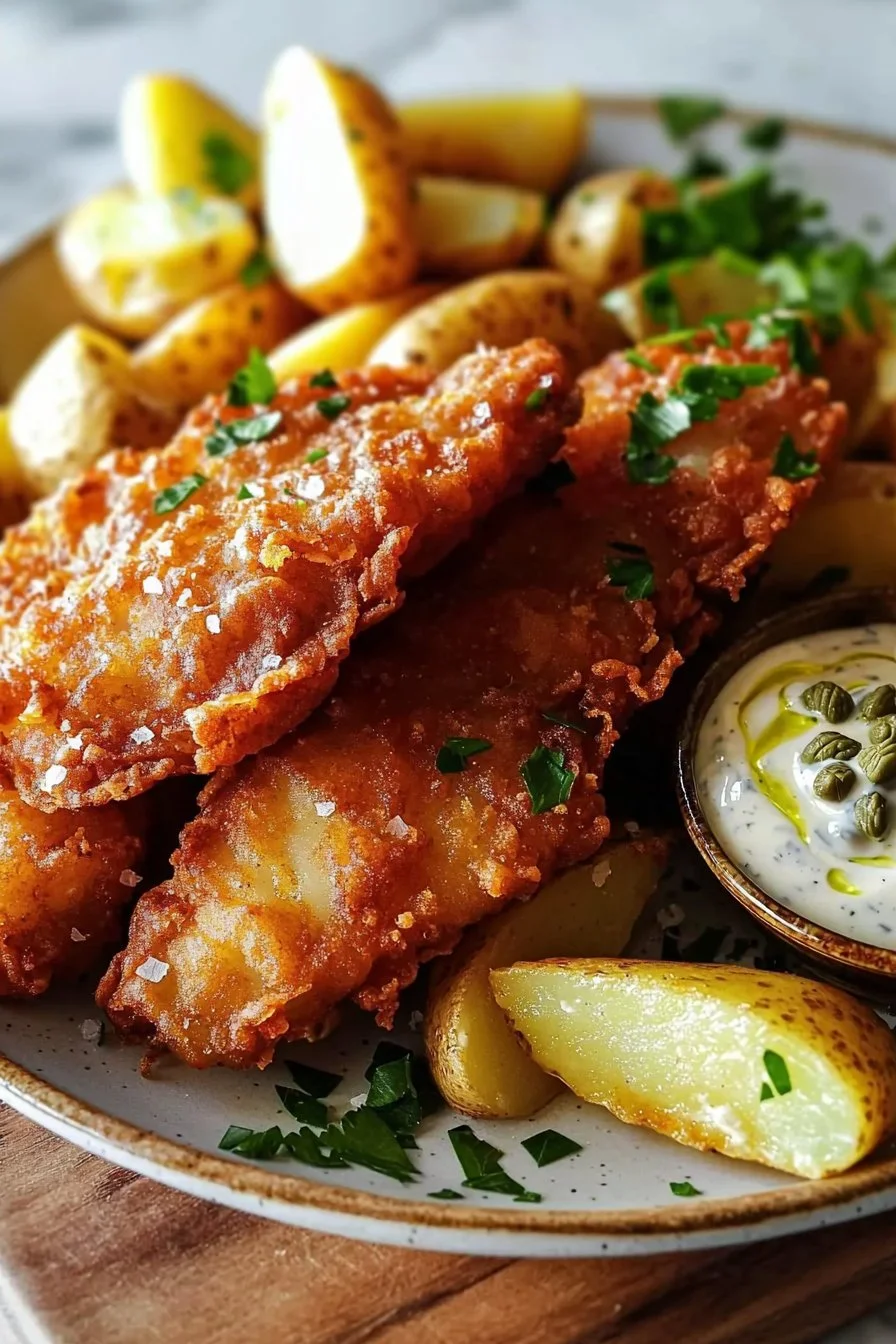 Crispy British fish and chips served with creamy tartar sauce