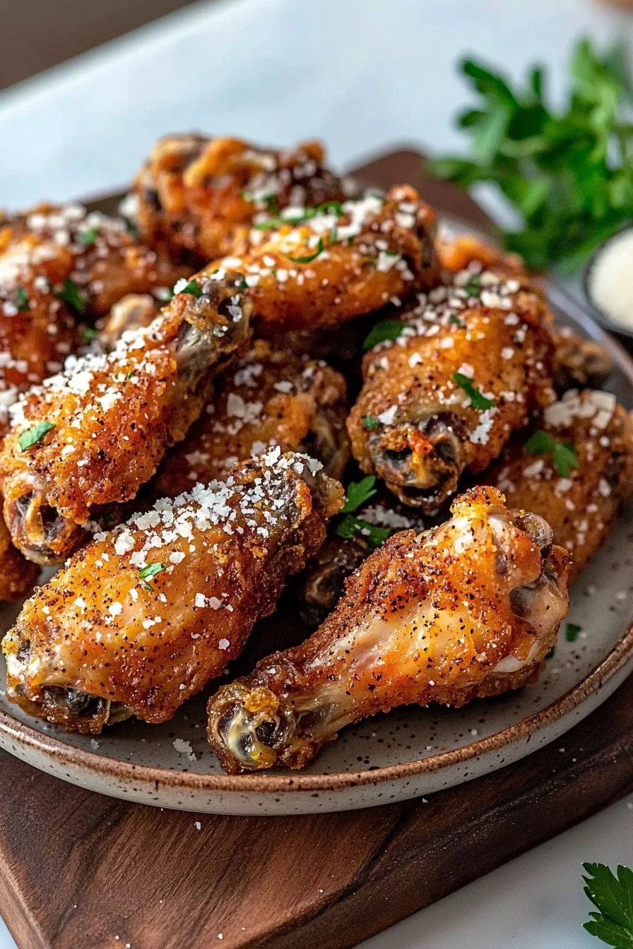 Crispy garlic parmesan chicken wings cooked in an air fryer