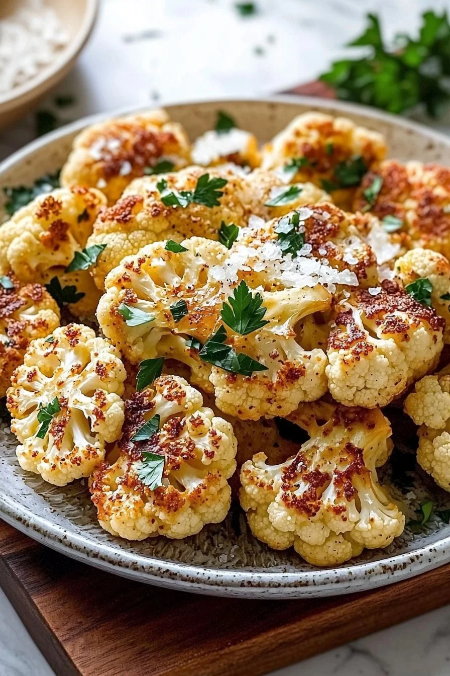 Healthy air fryer garlic parmesan cauliflower dish served in a bowl