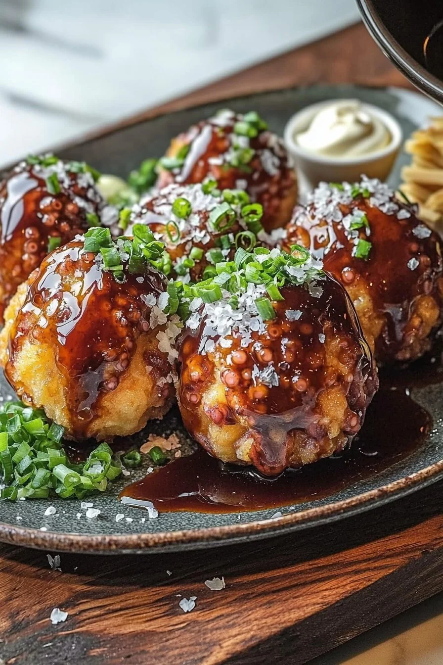 Crispy takoyaki octopus balls served with savory toppings and sauce