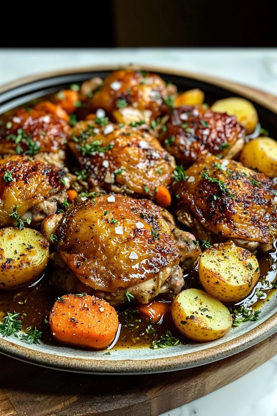 Crockpot chicken thigh pot roast served with vegetables in a cozy atmosphere.