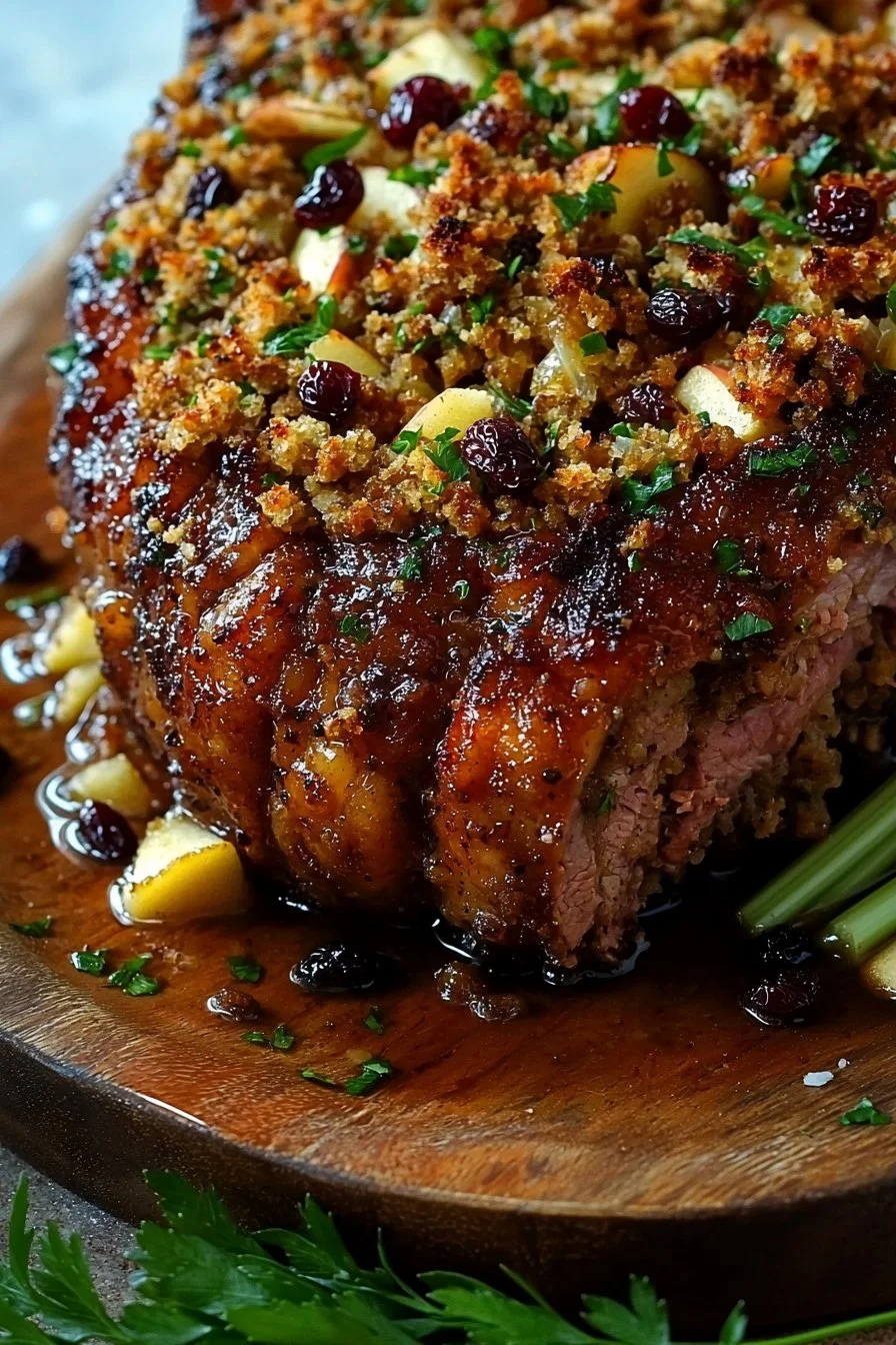Crown Roast of Pork with apple stuffing on a festive table setting