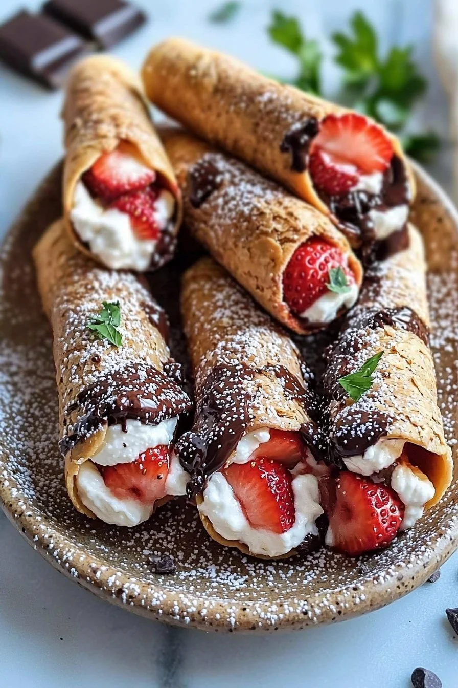 Delicious chocolate-covered cannoli filled with fresh strawberries