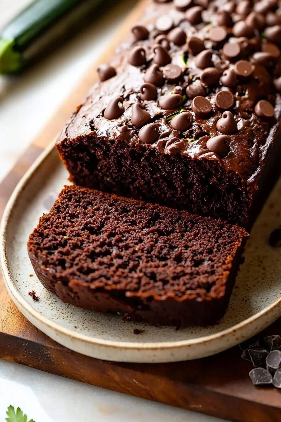 Extra moist chocolate zucchini bread with chocolate chips and zucchini slices
