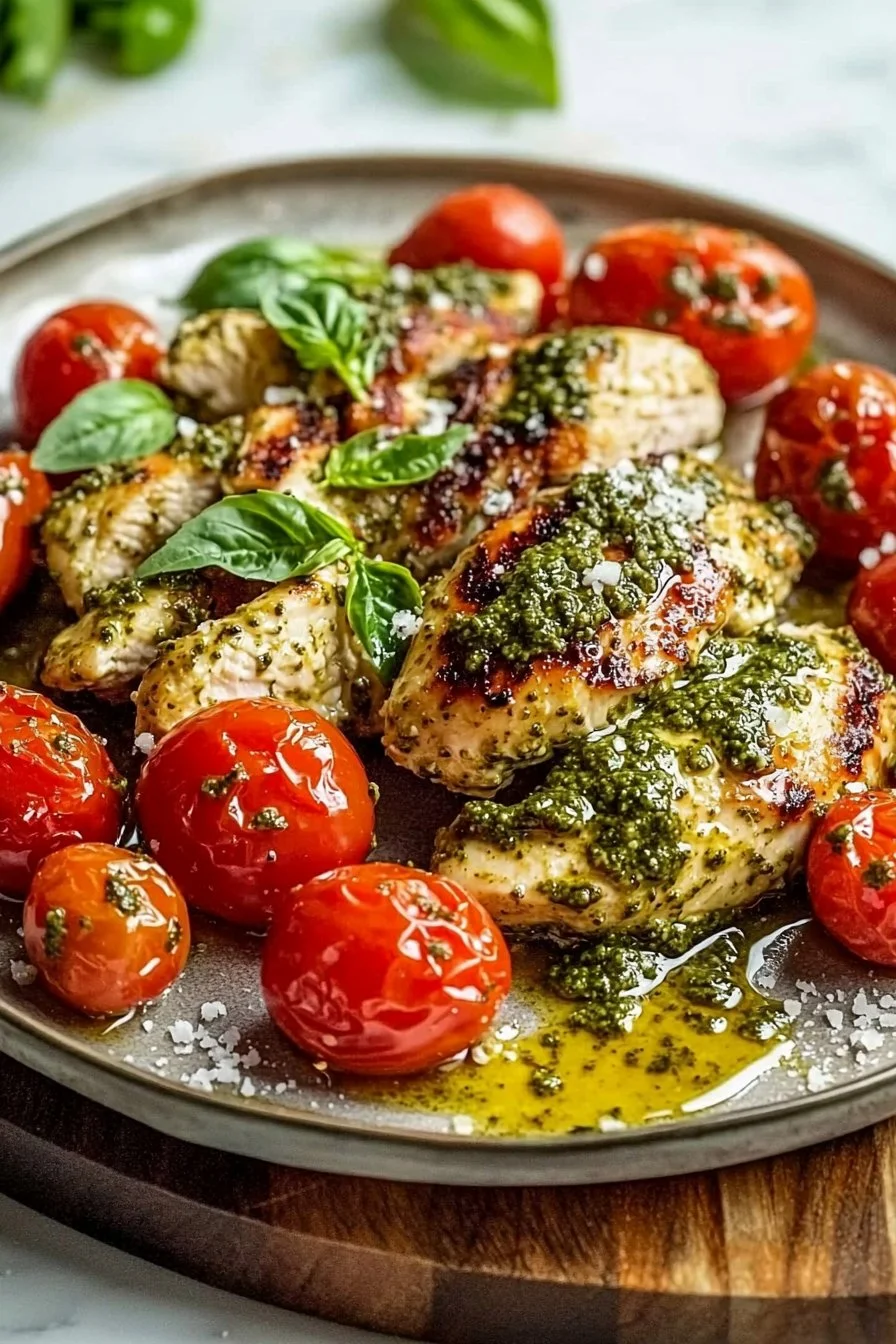 Flavorful pesto chicken served with juicy cherry tomatoes