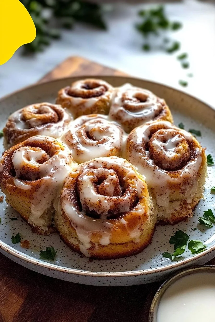 Fluffy gluten-free cinnamon rolls drizzled with icing on a rustic table