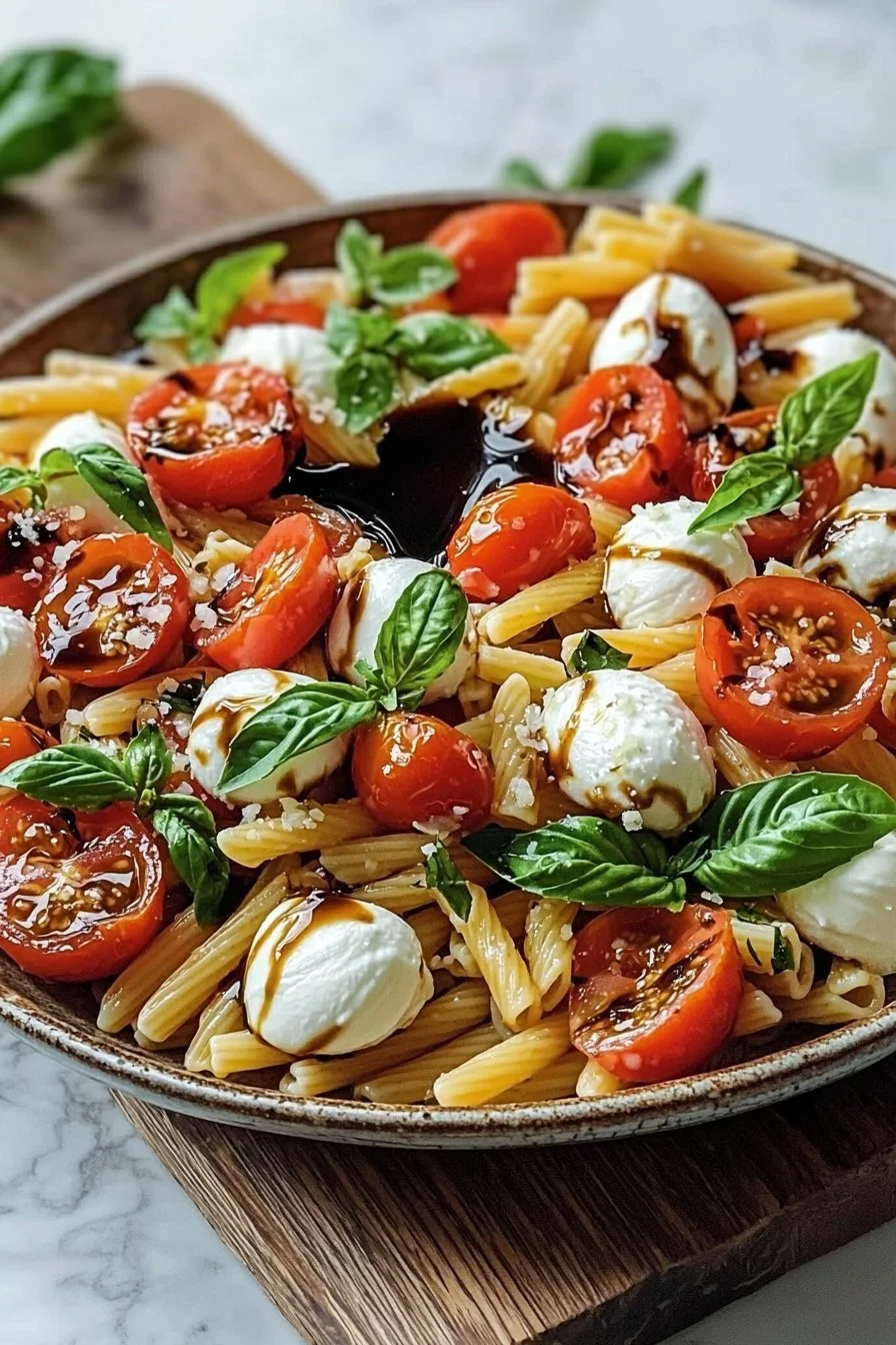 Fresh Caprese Pasta Salad with tomatoes, basil, and mozzarella cheese.
