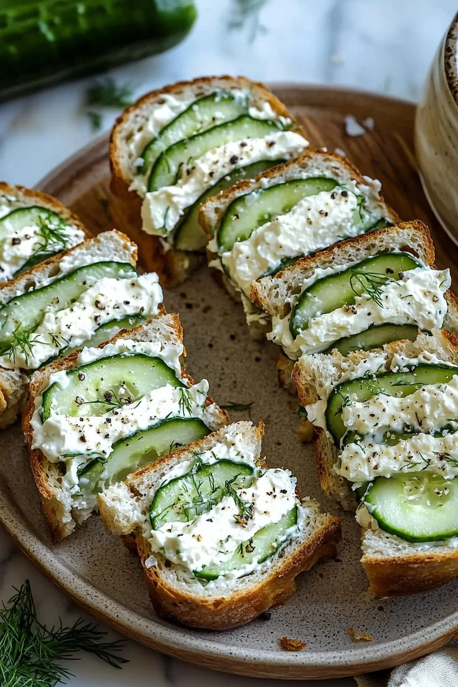 Fresh cucumber cream cheese tea sandwiches on a platter