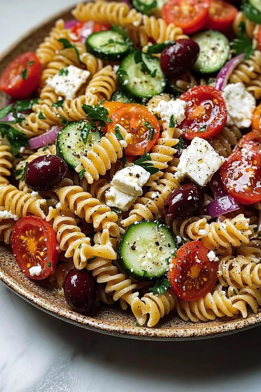 A colorful bowl of Fresh Greek Pasta Salad with vegetables and feta cheese