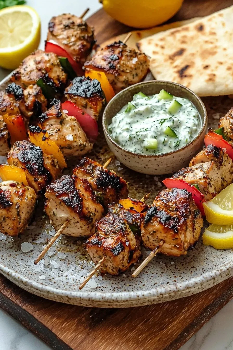 Greek Souvlaki Skewers with Tzatziki and Pita