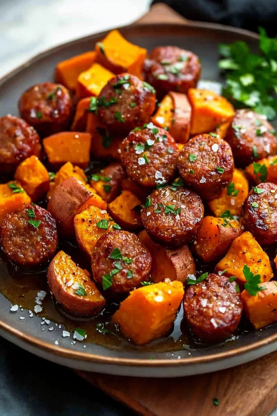 One-pan honey garlic sausage with roasted sweet potatoes dish
