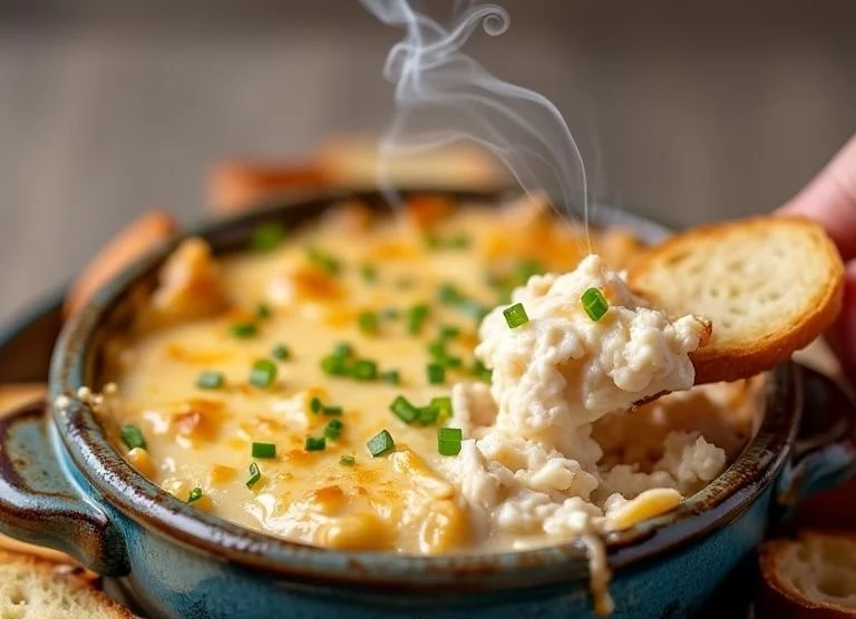 Delicious crab dip from Joe's Crab Shack served in a bowl with chips and herbs.