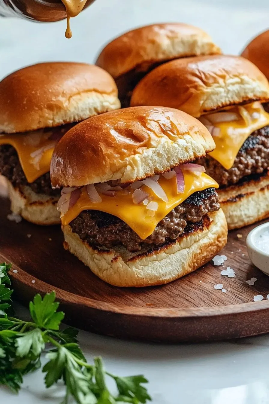Juicy hamburger sliders with secret sauce on a platter