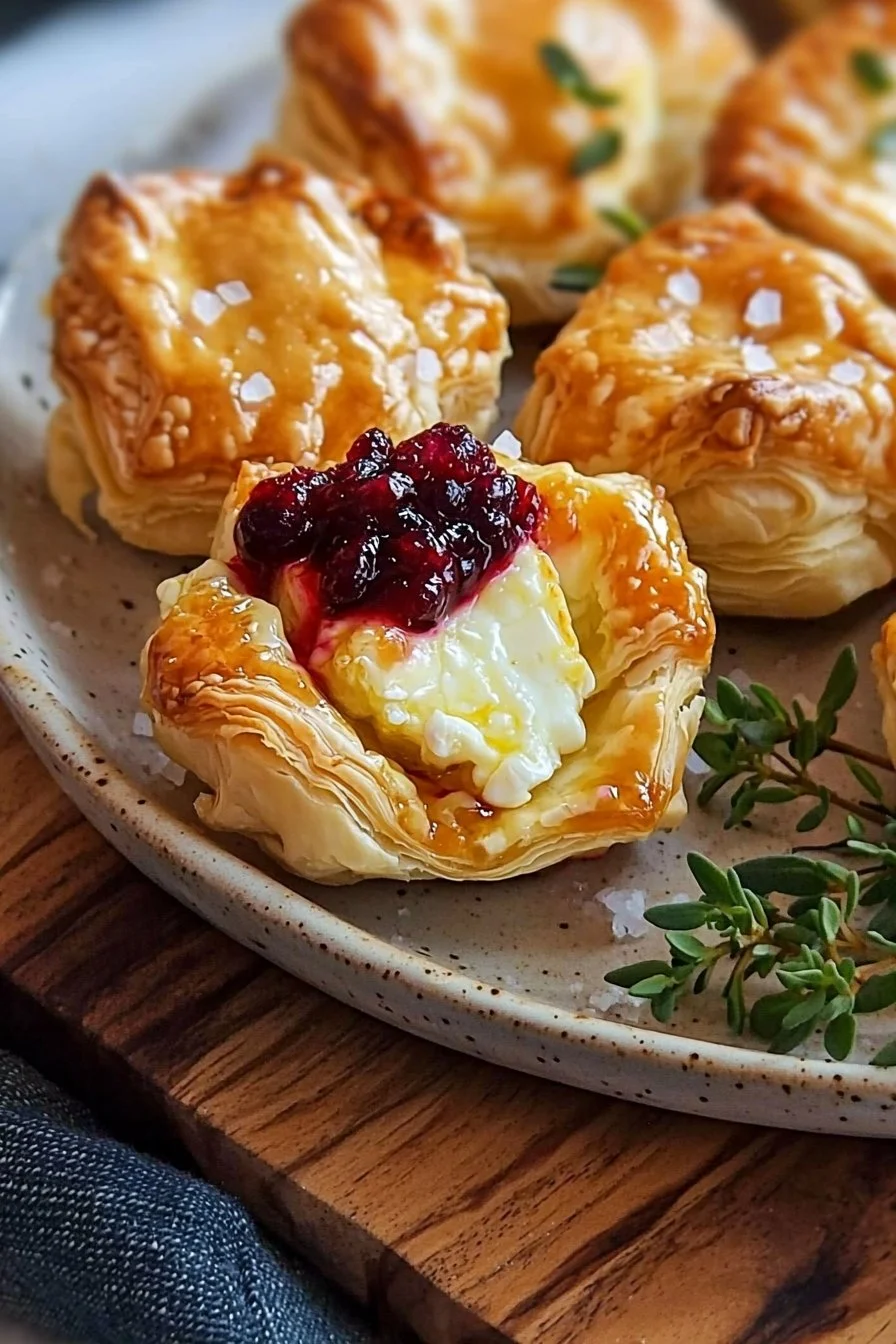 Delicious baked brie bites served on a platter with fruit and nuts.