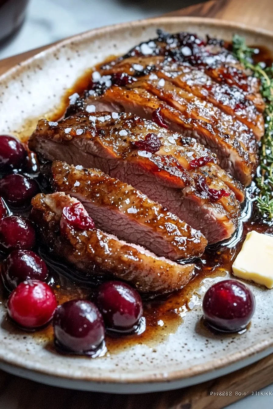 Pan-seared duck breast with cherry port reduction sauce on a plate