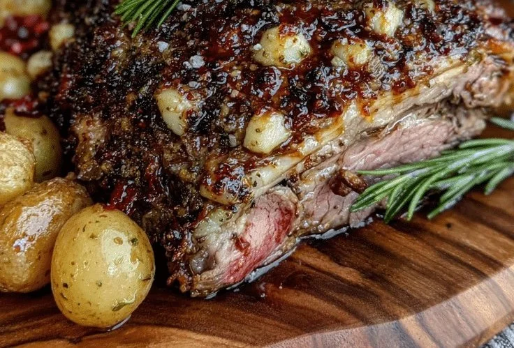Perfectly roasted leg of lamb served on a platter with herbs