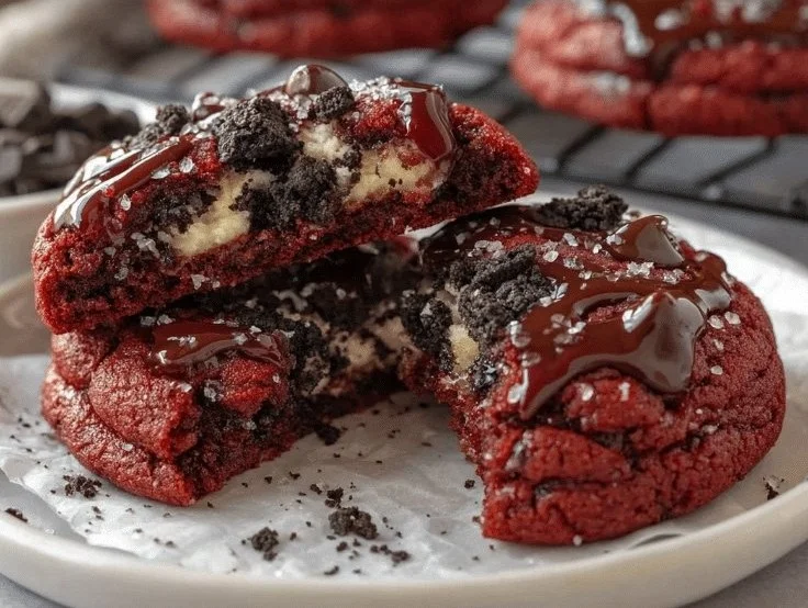 Red Velvet Oreo Cookies stacked on a plate