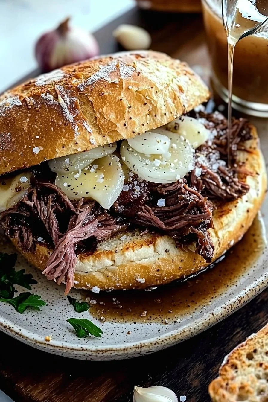 Savory French dip sandwich served with rich dipping juice