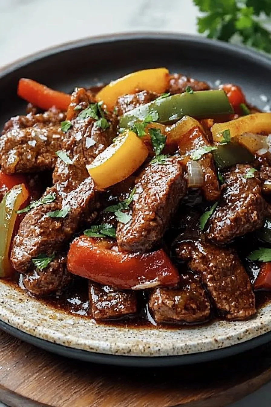 Slow cooker pepper steak with bell peppers and tender beef served on a plate